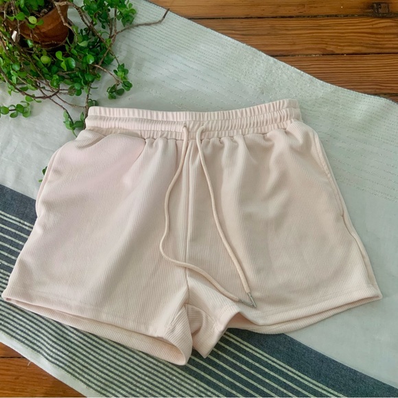 Pants - Ribbed Knit Drawstring Shorts